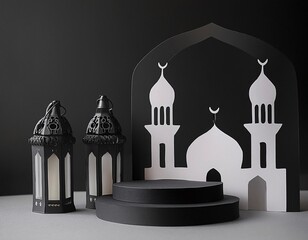 Obraz premium An elegant mosque with a black podium and lanterns that create an elegant and solemn atmosphere. The black color on the podium and lanterns gives a classic and luxurious impression,