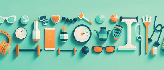 Healthy lifestyle with fitness icons and exercise gear background, highlighting fitness routines, wellness apps, and healthy living