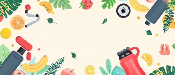 Healthy lifestyle with fitness icons and exercise gear background, highlighting fitness routines, wellness apps, and healthy living