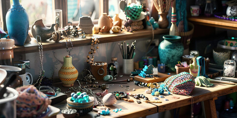 Handmade Haven: A desk filled with handcrafted items like jewelry, pottery, and knitted goods, representing a crafter's personal touch