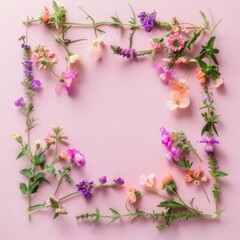 Obraz premium Floral frame with pink and purple field flowers on pink background for wedding, Mothers day, Womans day card. Flower composition with place for text, copy space. Flat lay, top view
