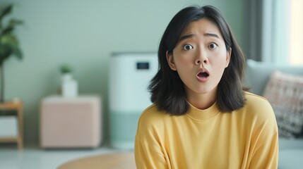 Surprised young Asian woman in yellow sweater in living room.