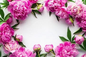 Floral frame with pink and purple peonies on white background for wedding, Mothers day, Womans day card. Flower composition with place for text, copy space. Flat lay, top view