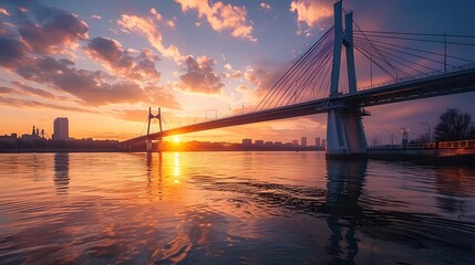 Obraz premium Sunset over a suspension bridge with calm waters and city in the background
