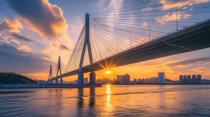 Obraz premium Spectacular sunset view of a modern cable-stayed bridge over a river