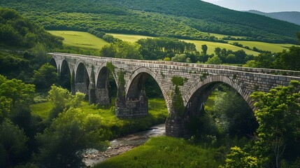 Fototapeta premium Historic stone bridge spanning a picturesque valley with lush greenery