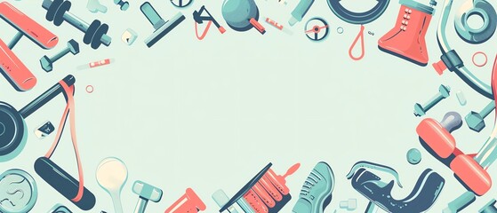 Obraz premium Fitness and health icons background with exercise equipment, promoting physical fitness, wellness, and healthy lifestyle