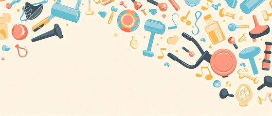 Fitness and health icons background with exercise equipment, promoting physical fitness, wellness, and healthy lifestyle
