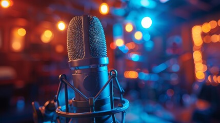 A professional studio microphone set against the backdrop of a warm bokeh lighting