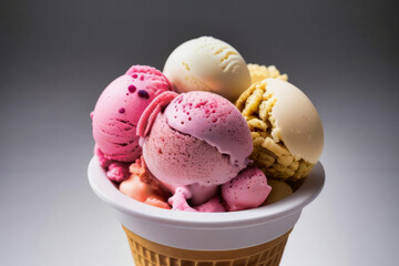 fotografía de un delicioso helado de crema en bochas, vainilla, fresa, chocolate, banana, piña, ananá