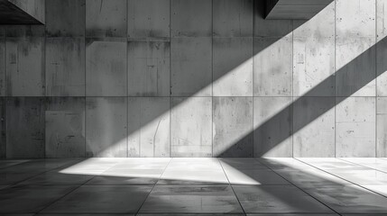 A contemporary room with sunlight casting diagonal shadows across concrete walls and tiled floor