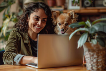 Happy Latina Woman Working on Laptop with Small Dog in Bright Home Office