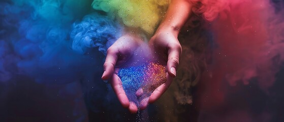 A person releasing a handful of glitter amidst rainbow smoke, adding a touch of sparkle and glamour to LGBTQ themed visuals