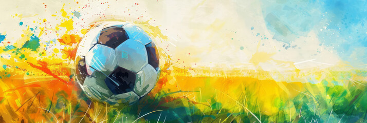 Soccer ball on field with green grass watercolor illustration with copy space. Football match. World championship cup. Professional sport, hobby, leisure. Concept for design banner, poster, card 