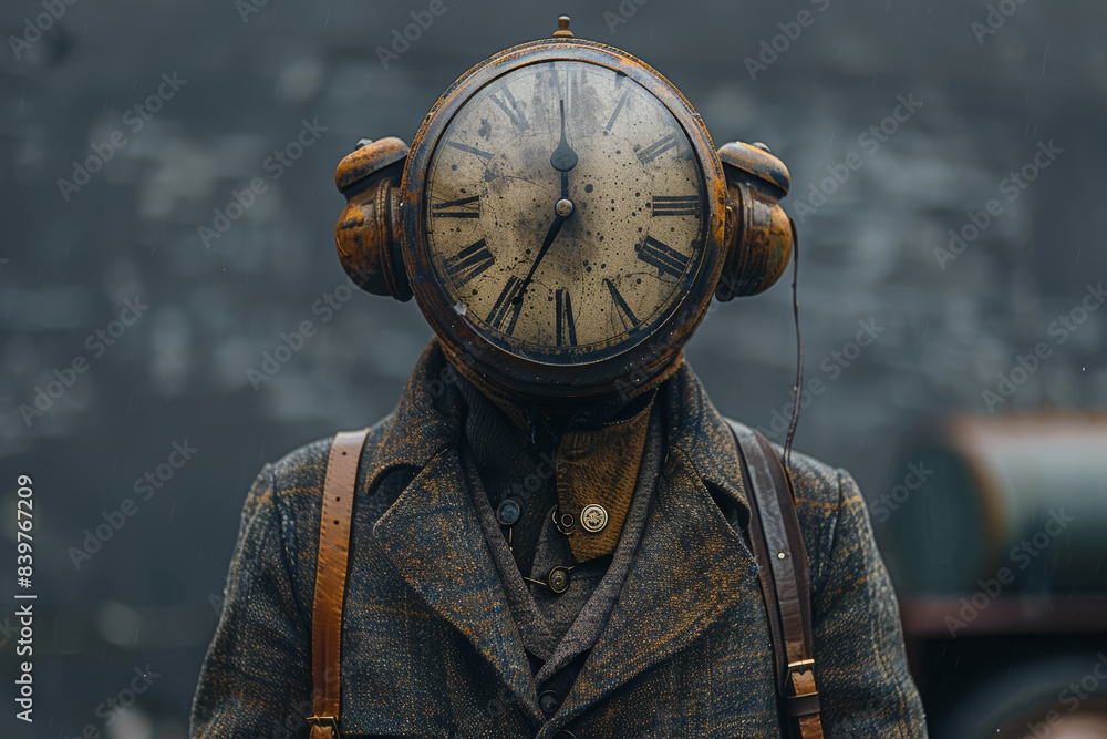 Poster a person with a clock face instead of a head. concept of time and surrealism. generative ai.