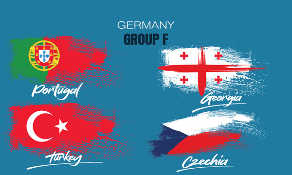 Participants of Group F of European football competition on sport background. painting the flag with brush strokes, group F of european football germany, Portugal Georgia T&uuml;rkiye Czechia