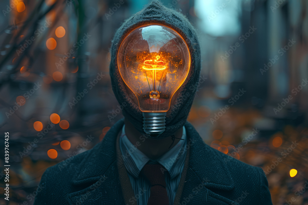 Poster a man with a lightbulb replacing his head. concept of ideas and innovation. generative ai.