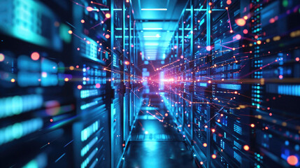 A computer server room with a blue background and red and green lights