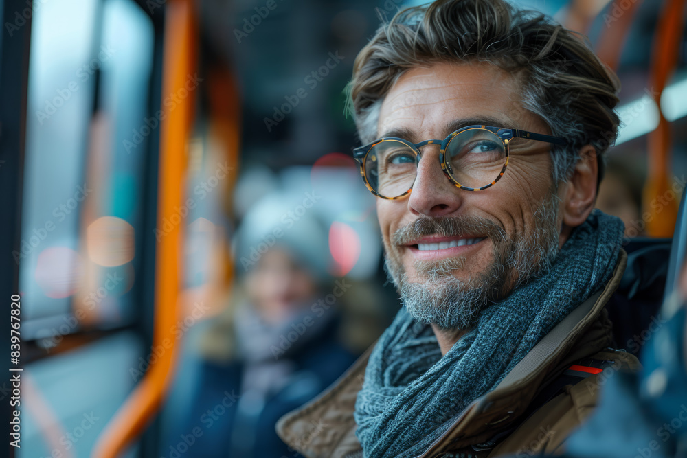 Poster a bus driver greeting passengers with a smile. concept of service and routine. generative ai.