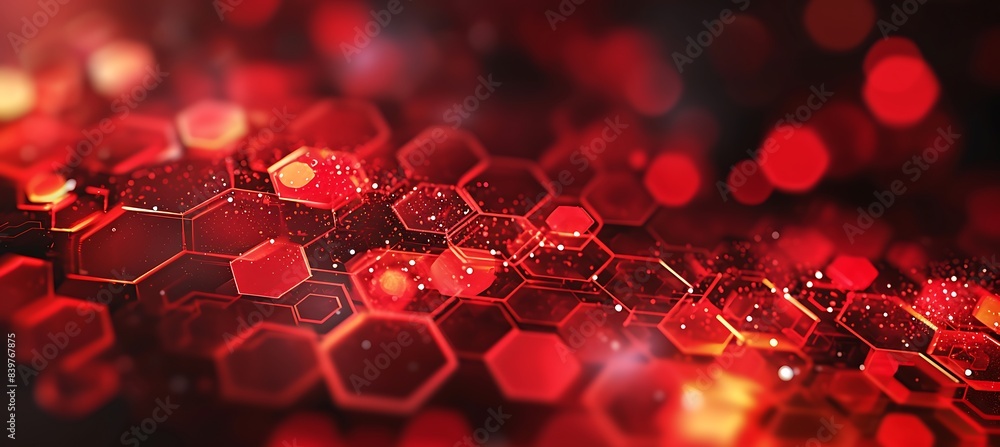 Poster geometric hexagonal shapes accentuate a golden and red banner backdrop with a bokeh effect