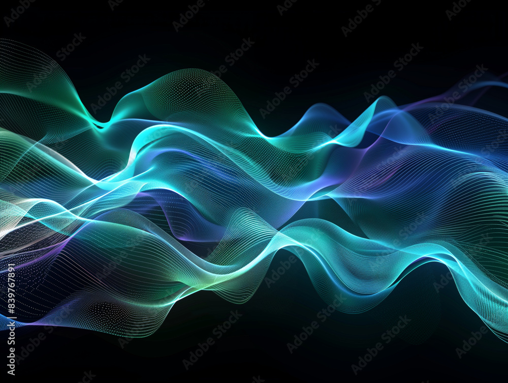 Poster vector wave lines flowing dynamic in blue green colors isolated on black background for concept of a