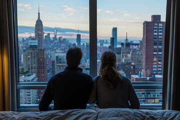 Couple looking at New York view from the balcony of their hotel room