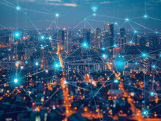 Fototapeta premium Telecommunication network above city, wireless mobile internet technology for smart grid or 5G LTE data connection, concept about IoT, global business, fintech, blockchain