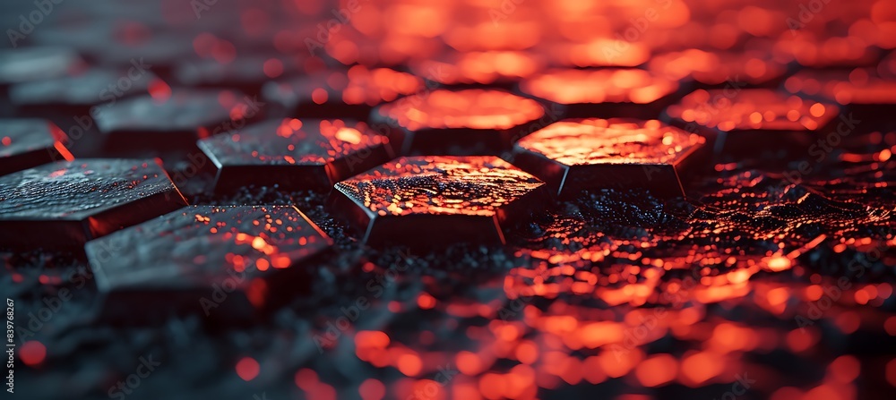 Poster hexagon patterns in the background highlight a red banner.