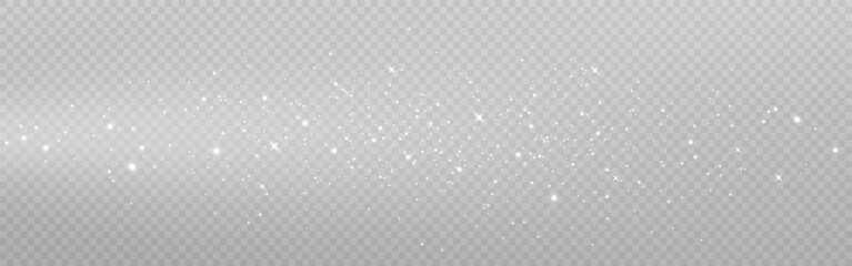 Silver dust effect. Light trail with glitter and stars. Magic wave with particles. Christmas white light. Beautiful sparkling elements. Stardust decoration. Vector illustration. © Vegorus