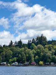 Fototapeta premium Beachfront houses and cabins along Puget Sound shore surrounded by evergreen and deciduous trees. 