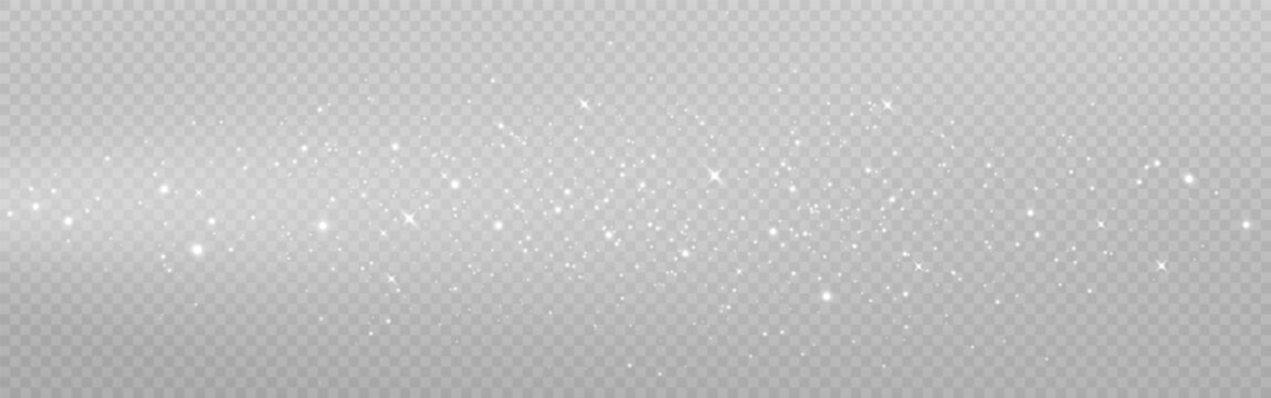 Silver dust effect. Light trail with glitter and stars. Magic wave with particles. Christmas white light. Beautiful sparkling elements. Stardust decoration. Vector illustration.