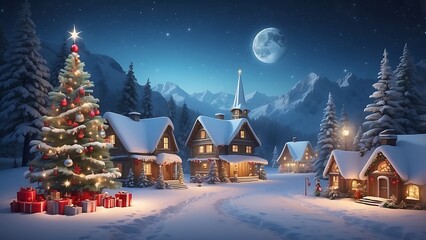 Fototapeta premium christmas background with snow and village