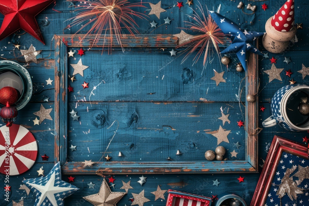 Wall mural Festive Fourth of July table with star decorations, empty wooden frame, and patriotic colors, ideal for celebrating Independence Day. - Wall murals