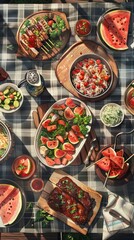 Fototapeta premium A vivid display of summer picnic food on a checkered tablecloth, featuring fresh watermelon, grilled dishes, and vibrant salads.