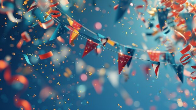 Colorful bunting and confetti create a festive atmosphere, perfect for celebrations and parties with vibrant decorations against a blue background.