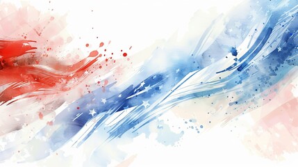 Abstract watercolor painting with red and blue brush strokes on a white background, creating a dynamic and vibrant artistic composition.