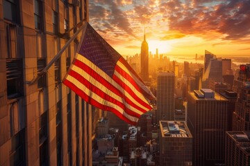 American flag waving against a stunning sunset in New York City skyline, symbolizing patriotism and urban beauty.