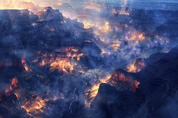 Fototapeta premium Breathtaking aerial view of a colorful, fiery landscape with misty clouds, blending nature's beauty and intensity into a surreal visual.