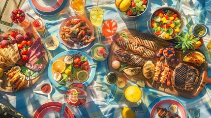Fototapeta premium A vibrant summer picnic setup with a variety of delicious grilled meats, fresh fruits, salads, and colorful drinks on a sunny day.