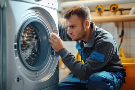Plumber repairing washing machine