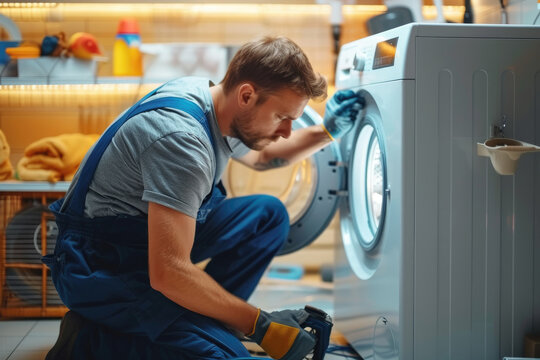 Plumber repairing washing machine