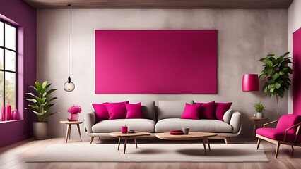 Living room with viva magenta pillow, empty wall, crimson red decor, modern design

