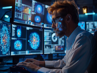 Beautiful Male Computer Engineer and Scientists Create Neural Network at His Workstation. Office is Full of Displays Showing 3D Representations of Neural Networks