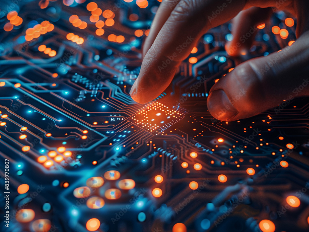 Poster artificial intelligence ai circuit board in shape electronic pcb circuit icon symbol on businessman 