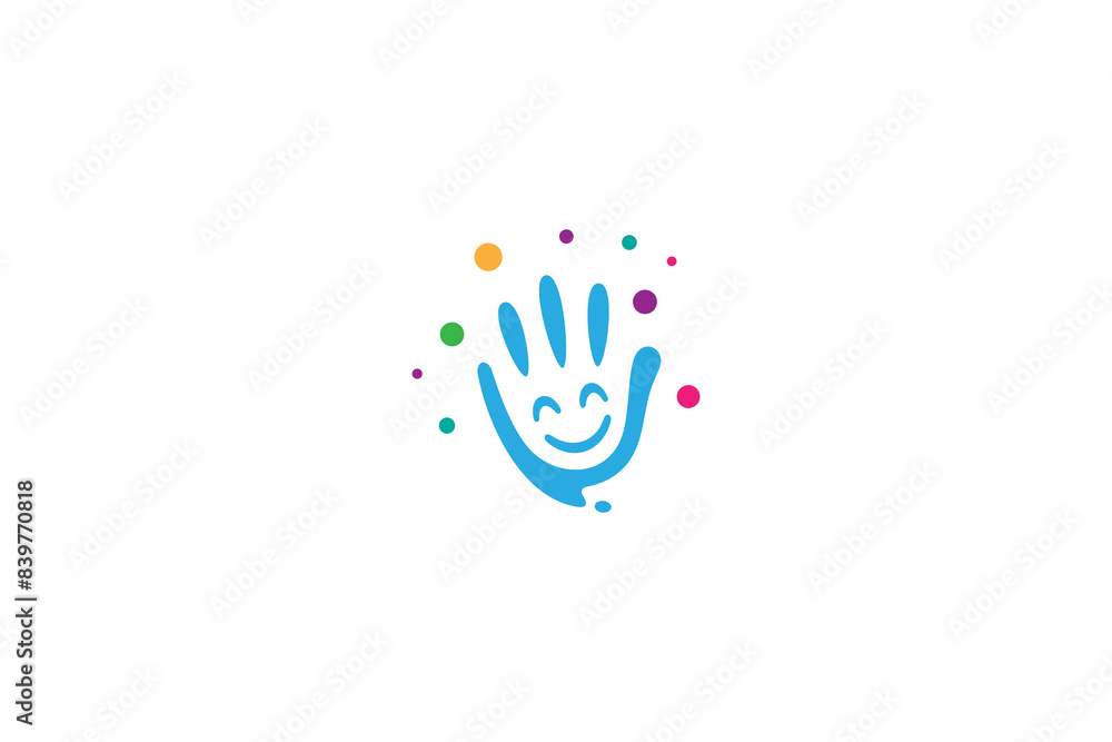 Poster smiling child hand logo with decorated colorful bubbles in flat vector design style