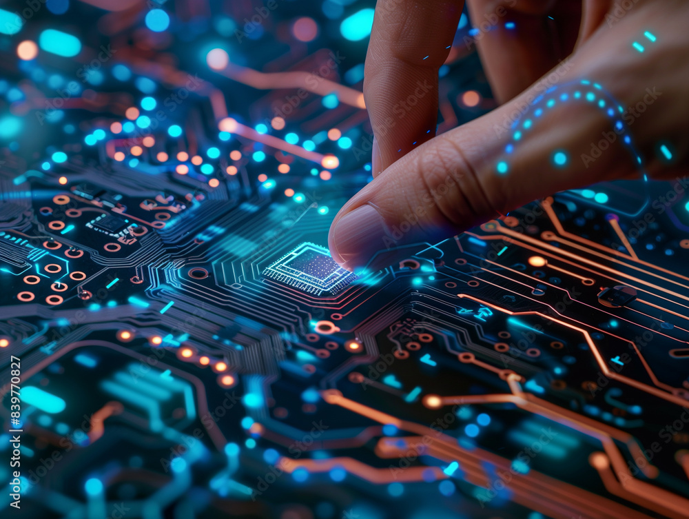 Poster artificial intelligence ai circuit board in shape electronic pcb circuit icon symbol on businessman 