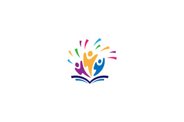 cheerful child logo with educational book combination in colorful vector design