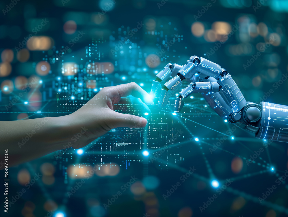 Aufkleber ai, machine learning, hands of robot and human touching on big data network connection background, s