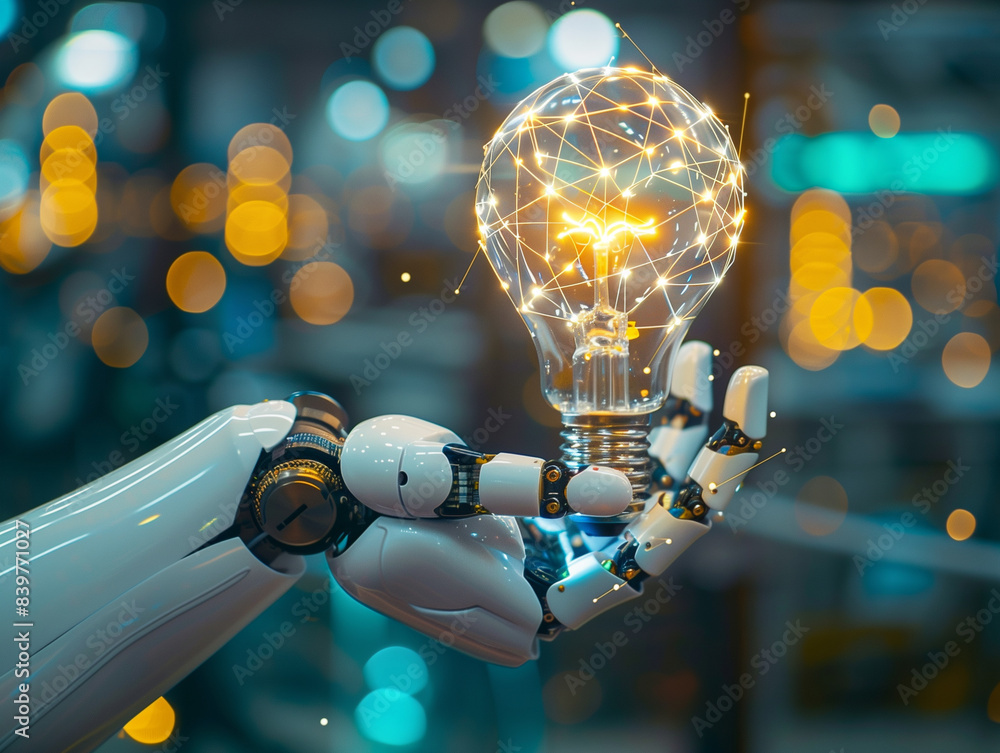 Aufkleber ai, machine learning, hands of robot and human touch on big data network, brain data creative in lig
