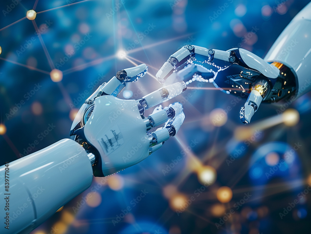 Aufkleber ai, machine learning, hands of robot and human touching on big data network connection background, s